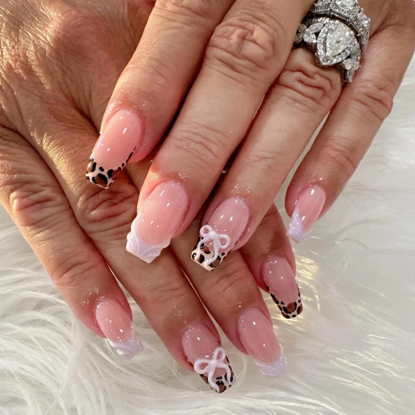 pink coffin leopard bow nails