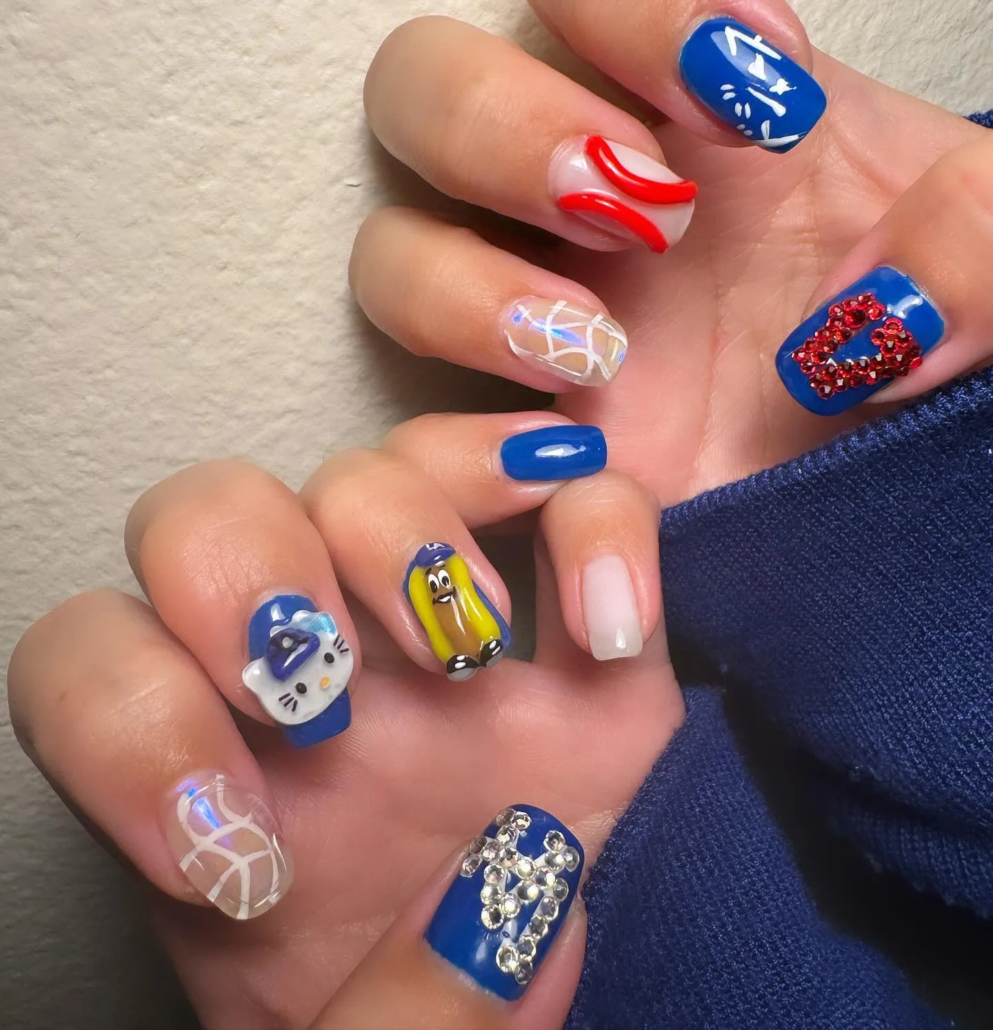 blue coffin cartoon rhinestone nails