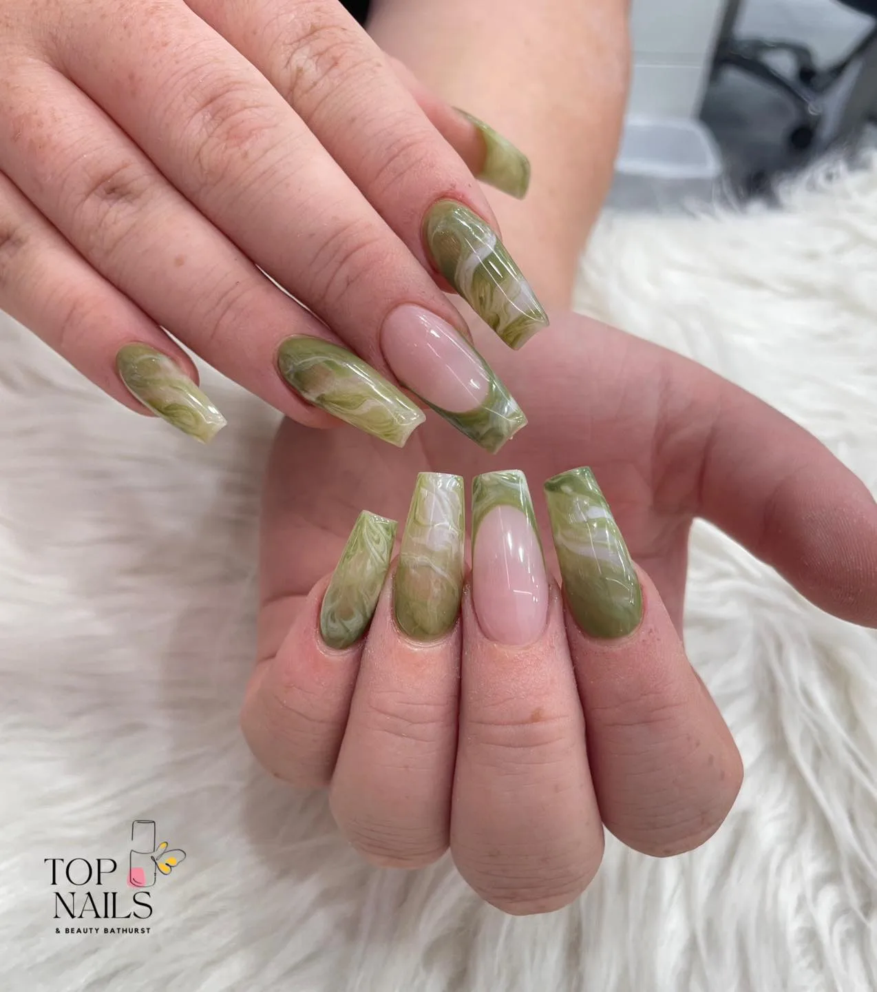 sage green coffin glazed jelly nails