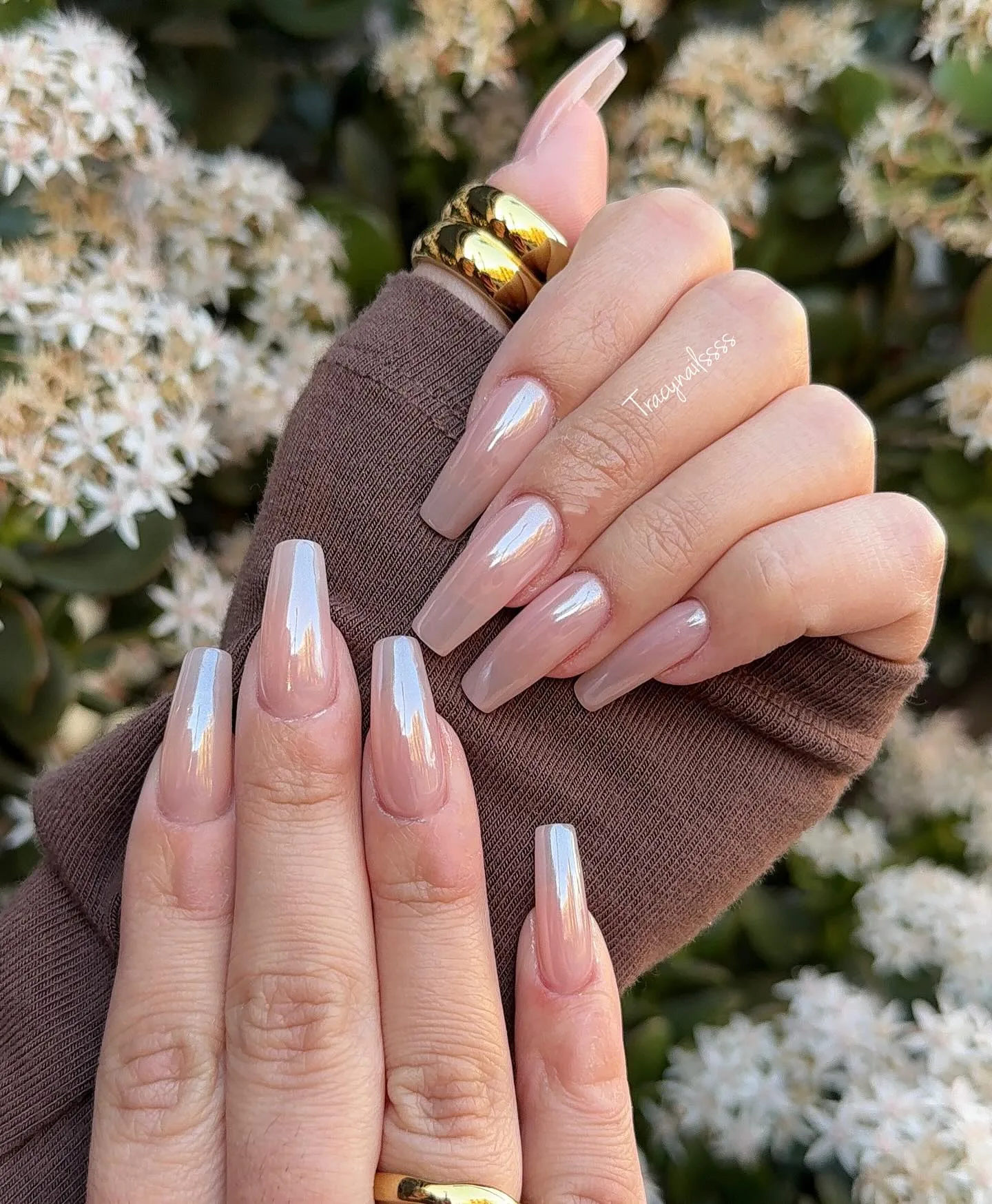 pink coffin iridescent chrome nails