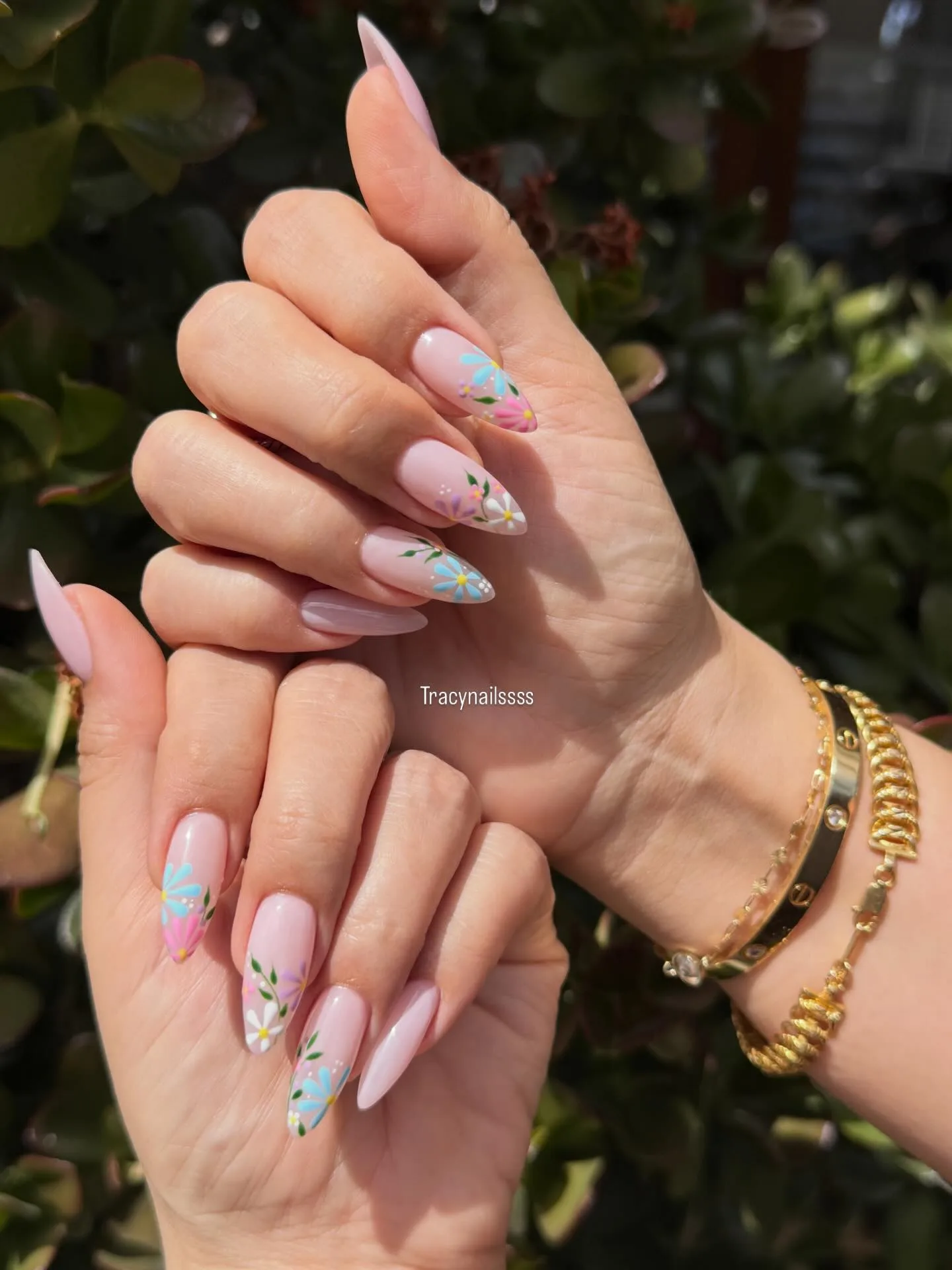 pink almond floral accent nails