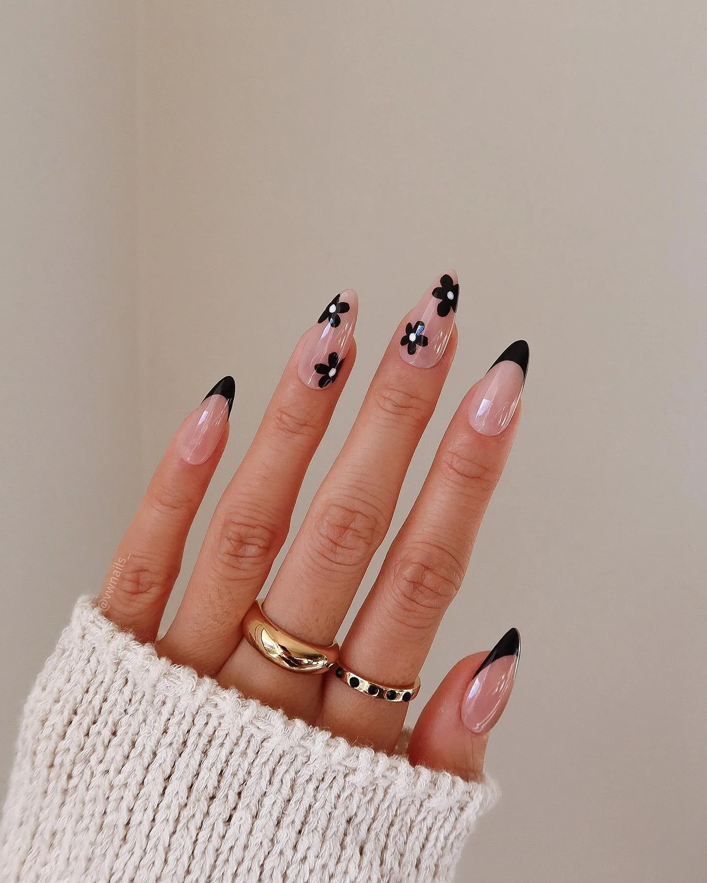pink almond black floral nails