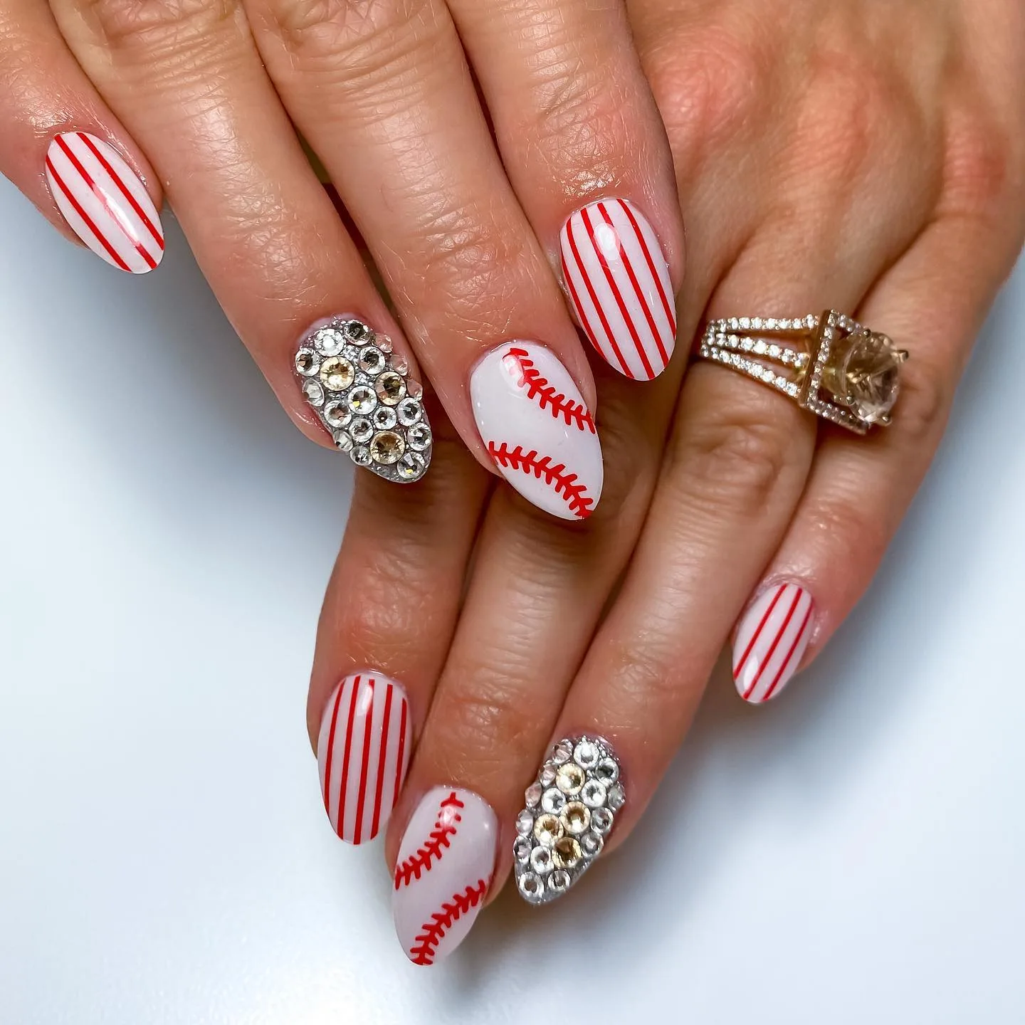 white coffin baseball rhinestone nails