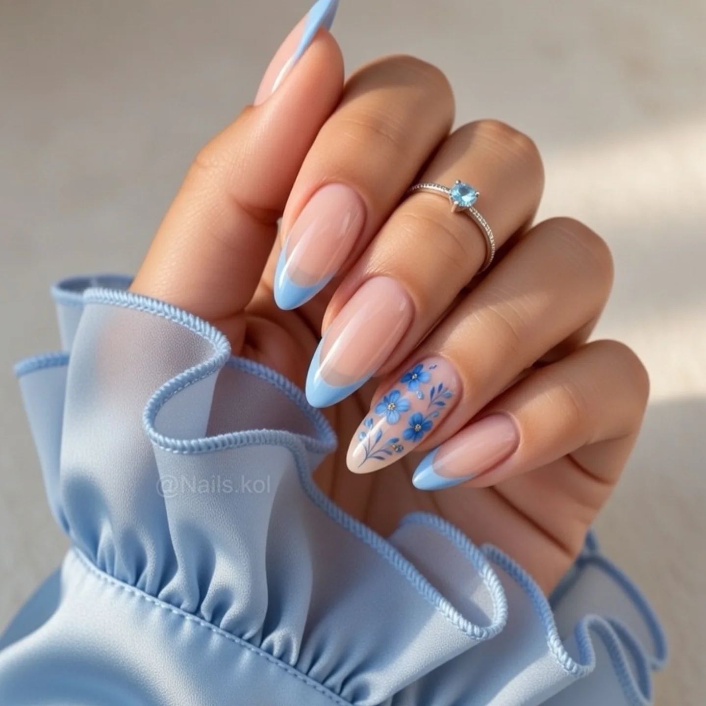 peachy pink almond blue french nails