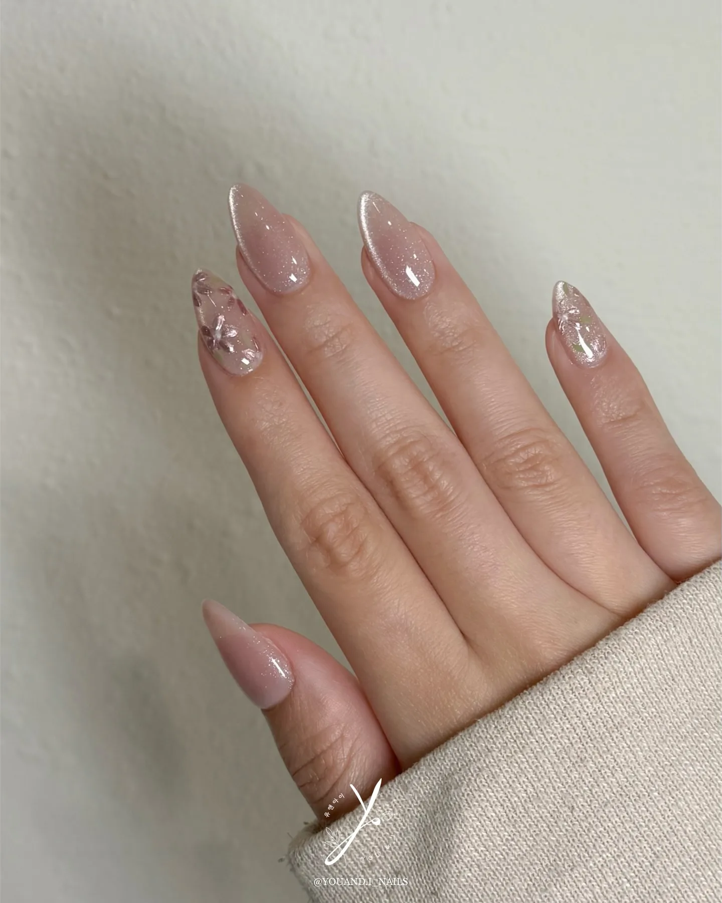 dusty rose almond glazed floral nails