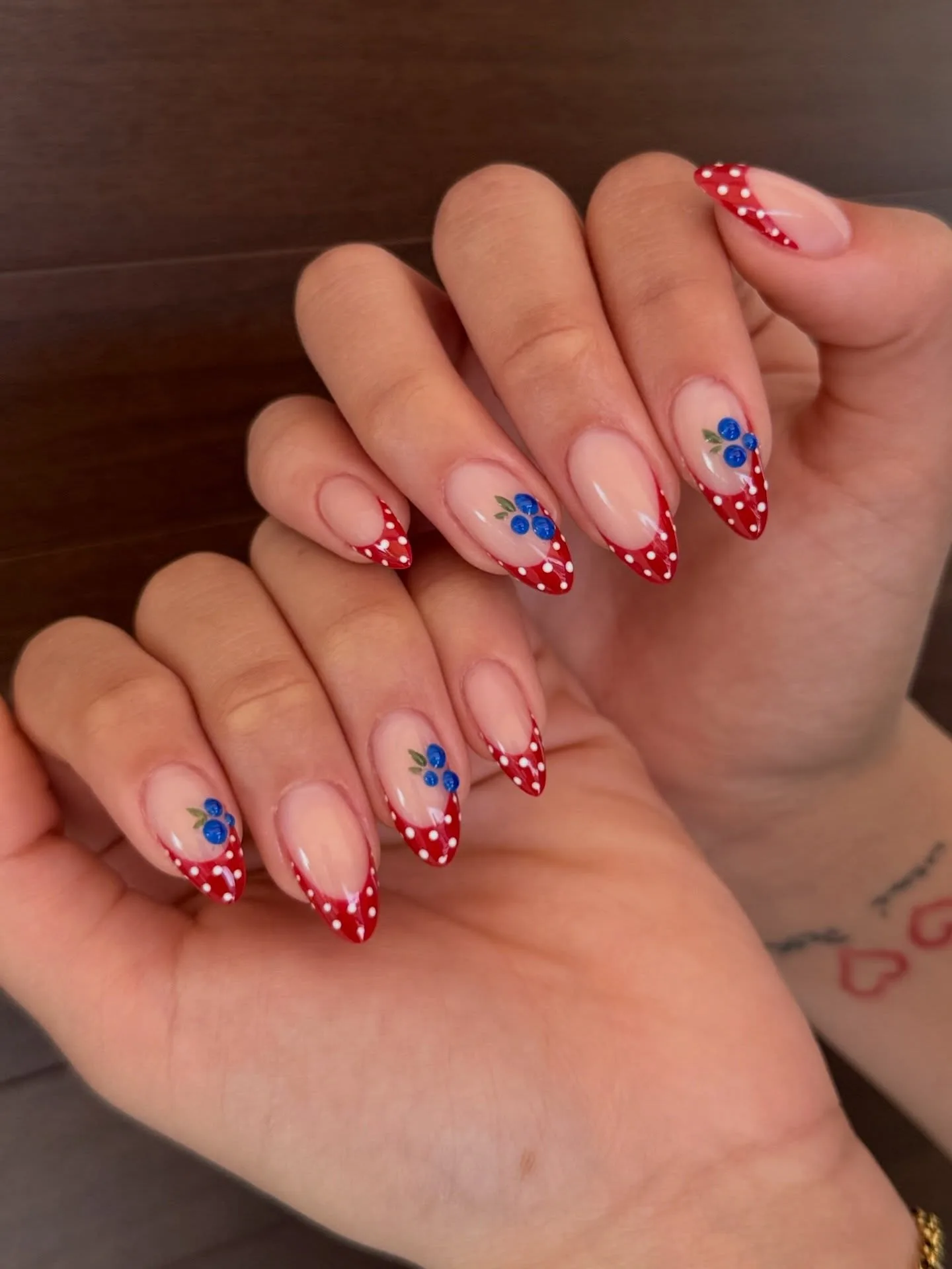 red polka dot almond berry nails