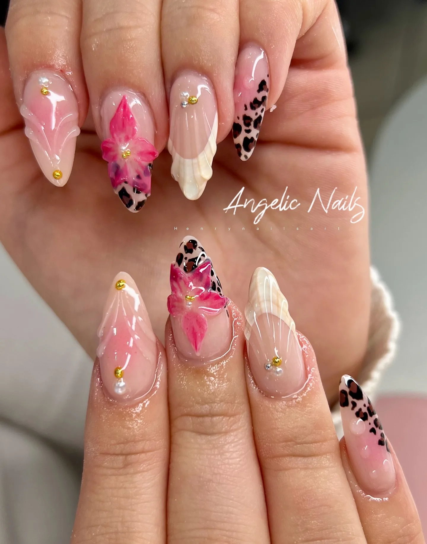 pink coffin floral leopard nails