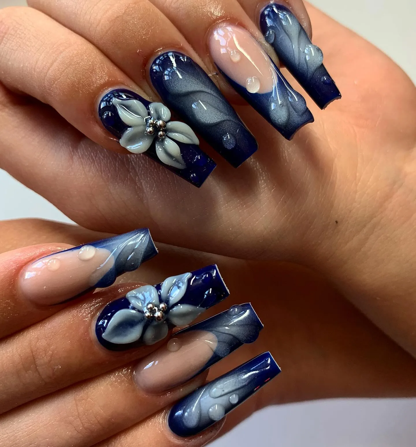 navy blue coffin floral nails