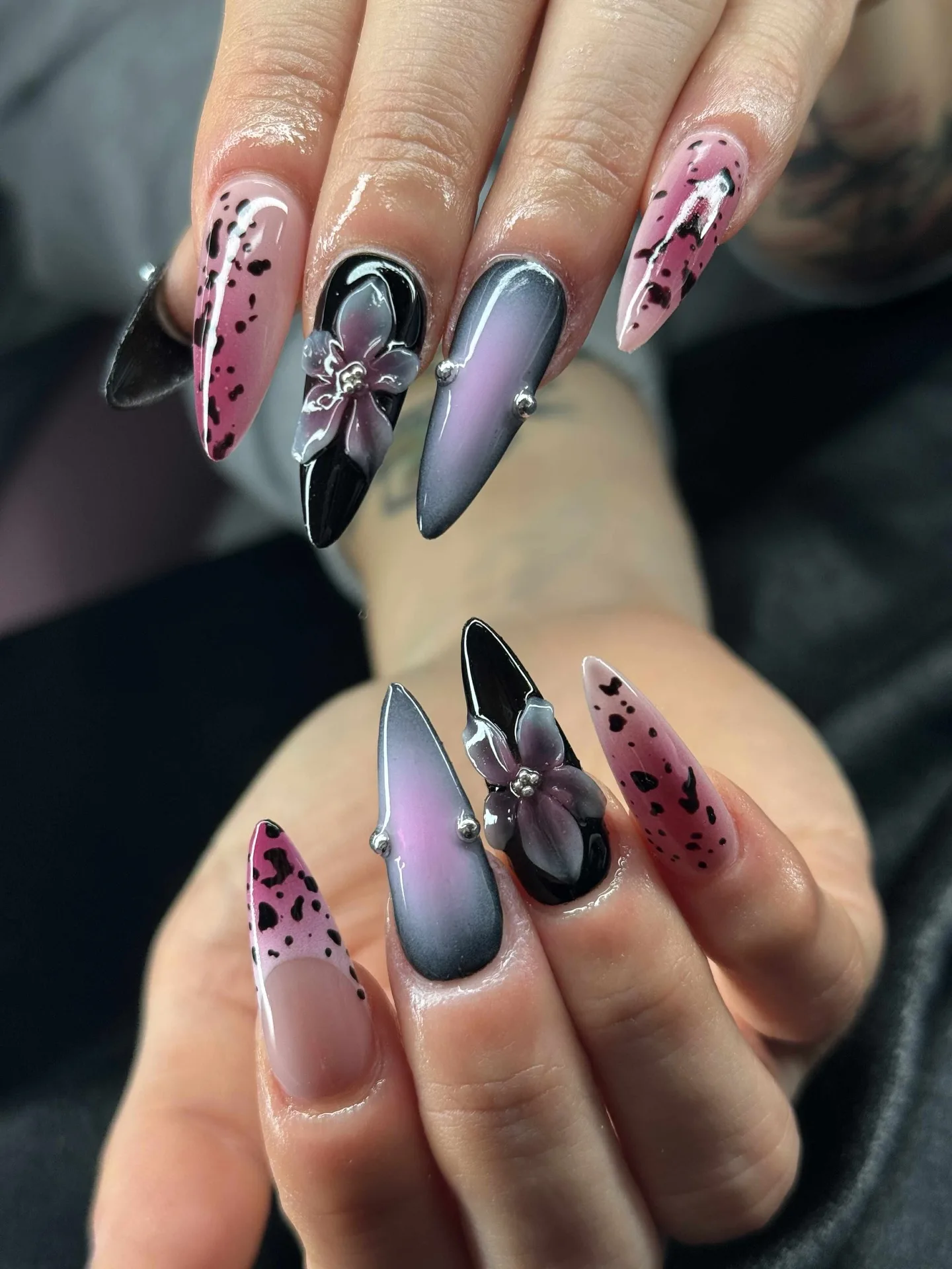 pink black stiletto chrome nails