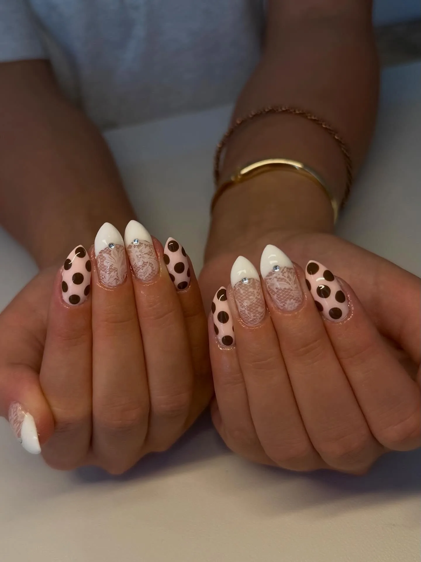 peach coffin lace polka dot nails