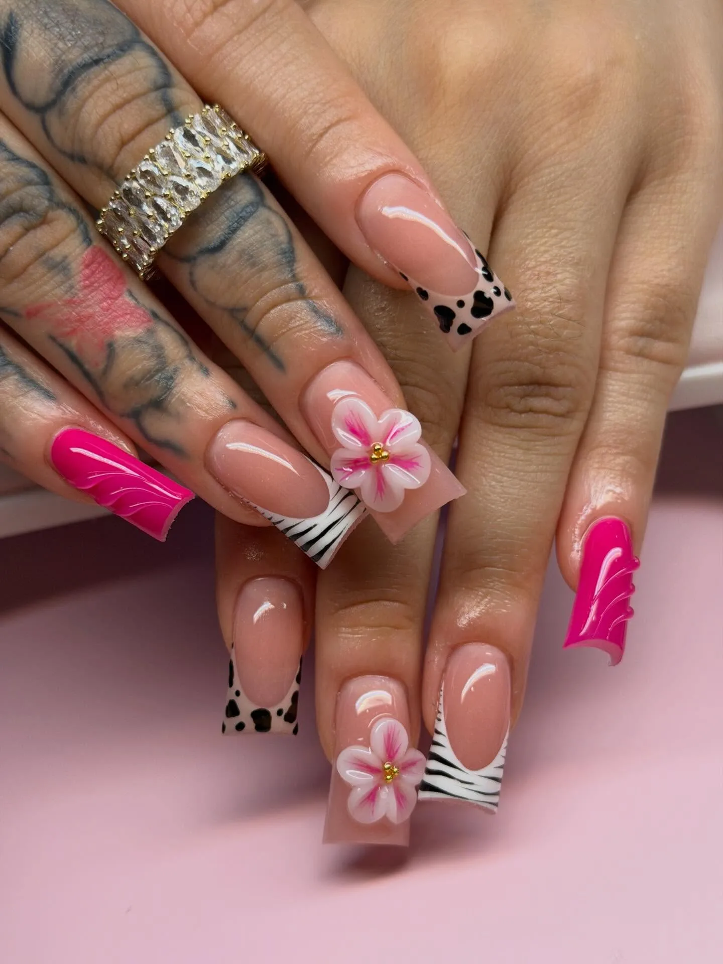 nude pink coffin mixed pattern nails