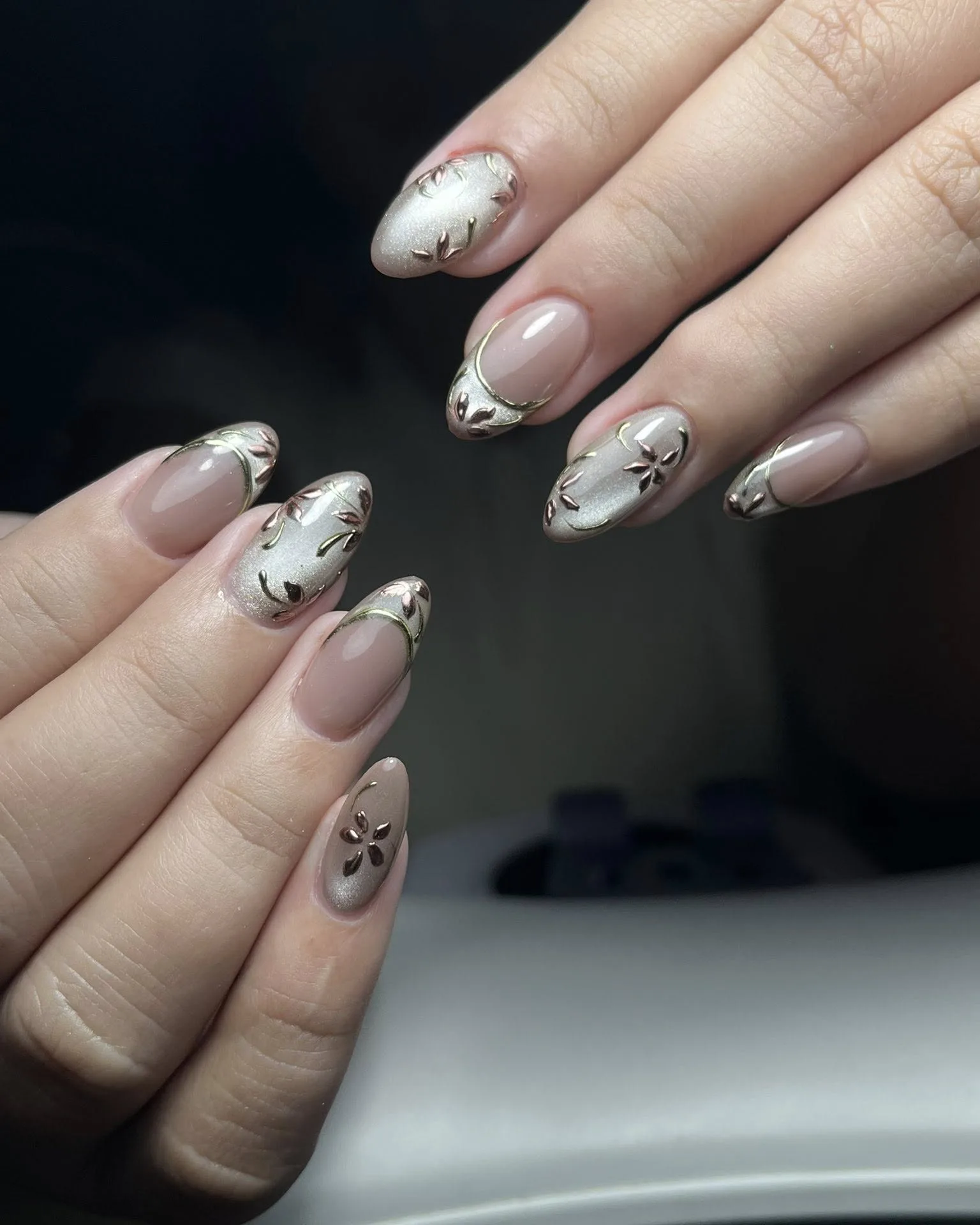 nude almond chrome floral nails