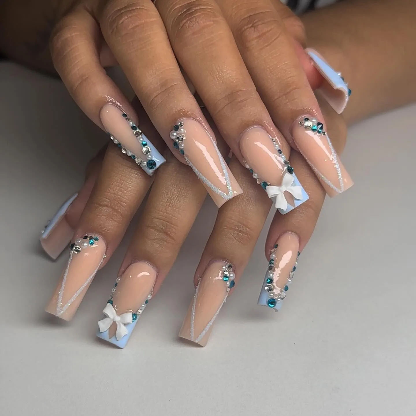 peachy nude coffin crystal embellished nails