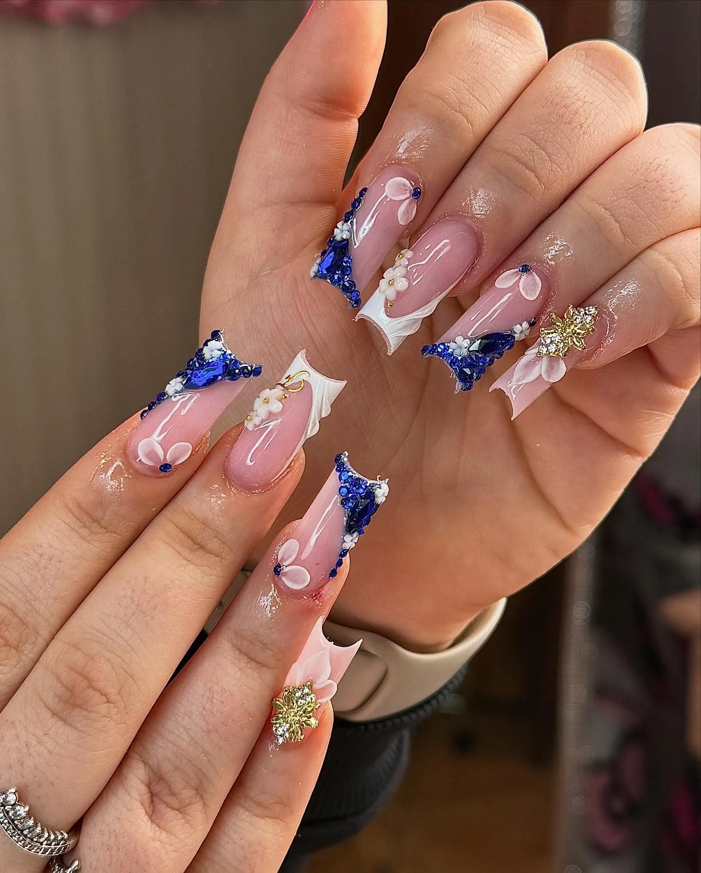 pink coffin 3d floral nails