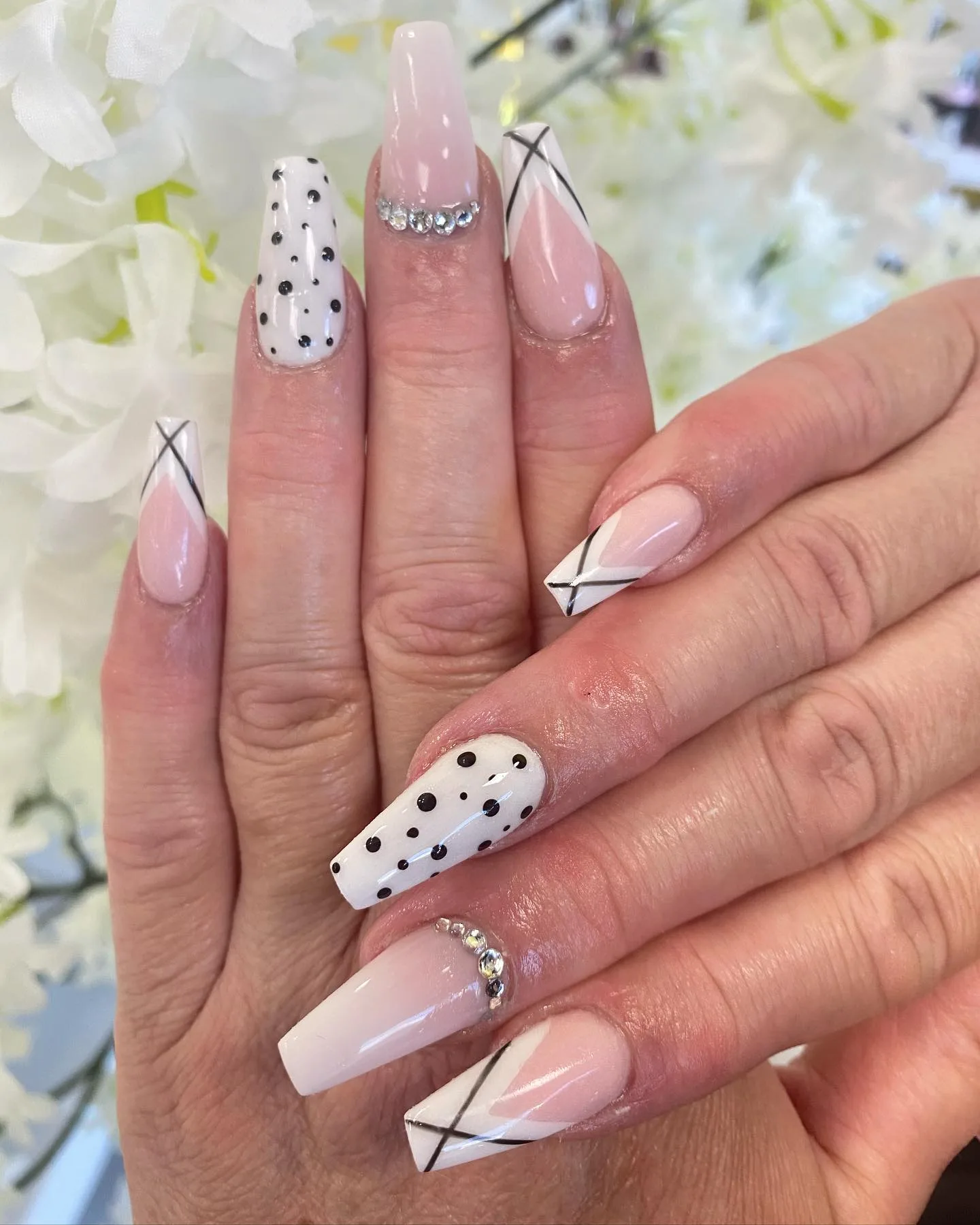 pink coffin geometric polka nails