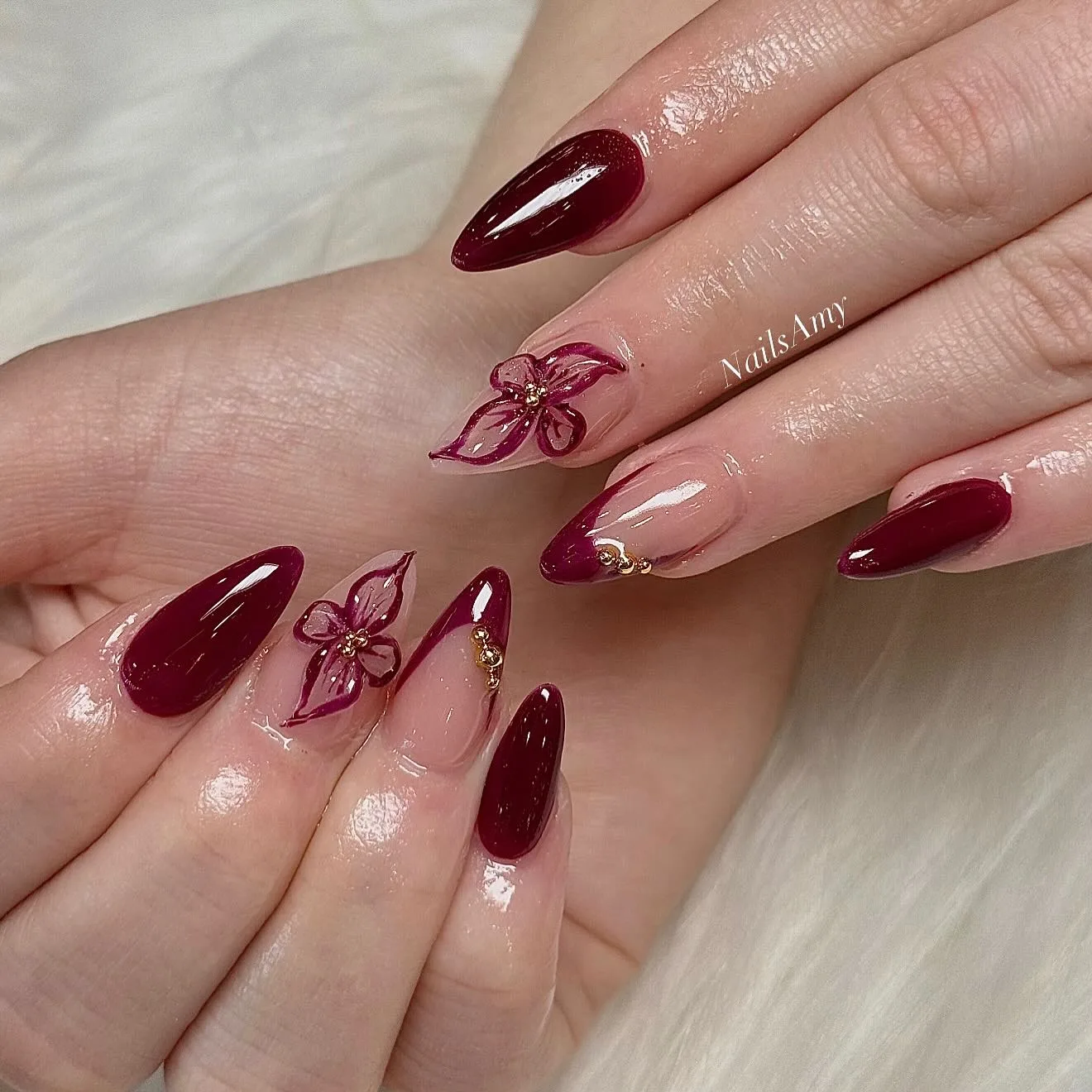 burgundy almond floral accent nails