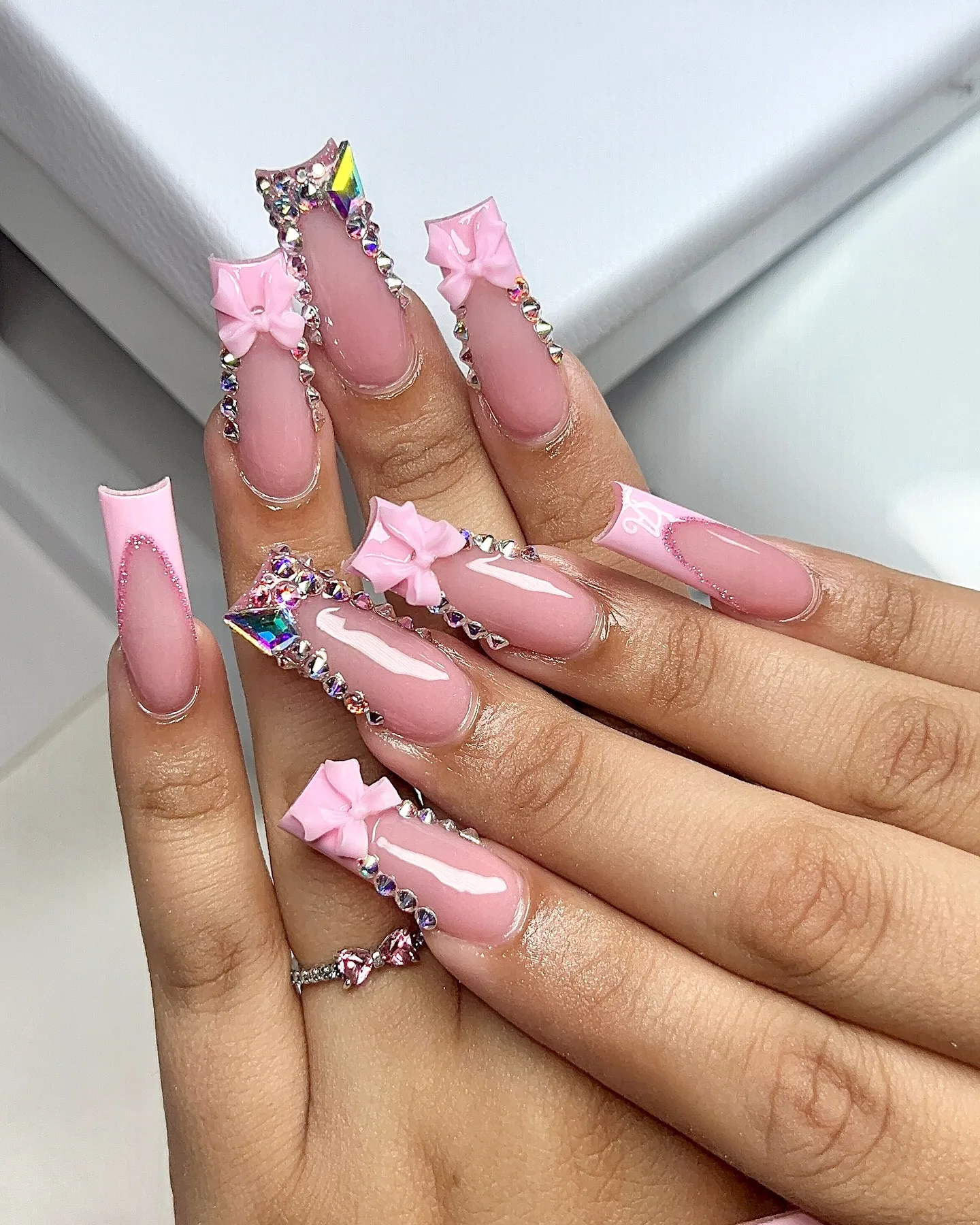 pink coffin rhinestone bow nails