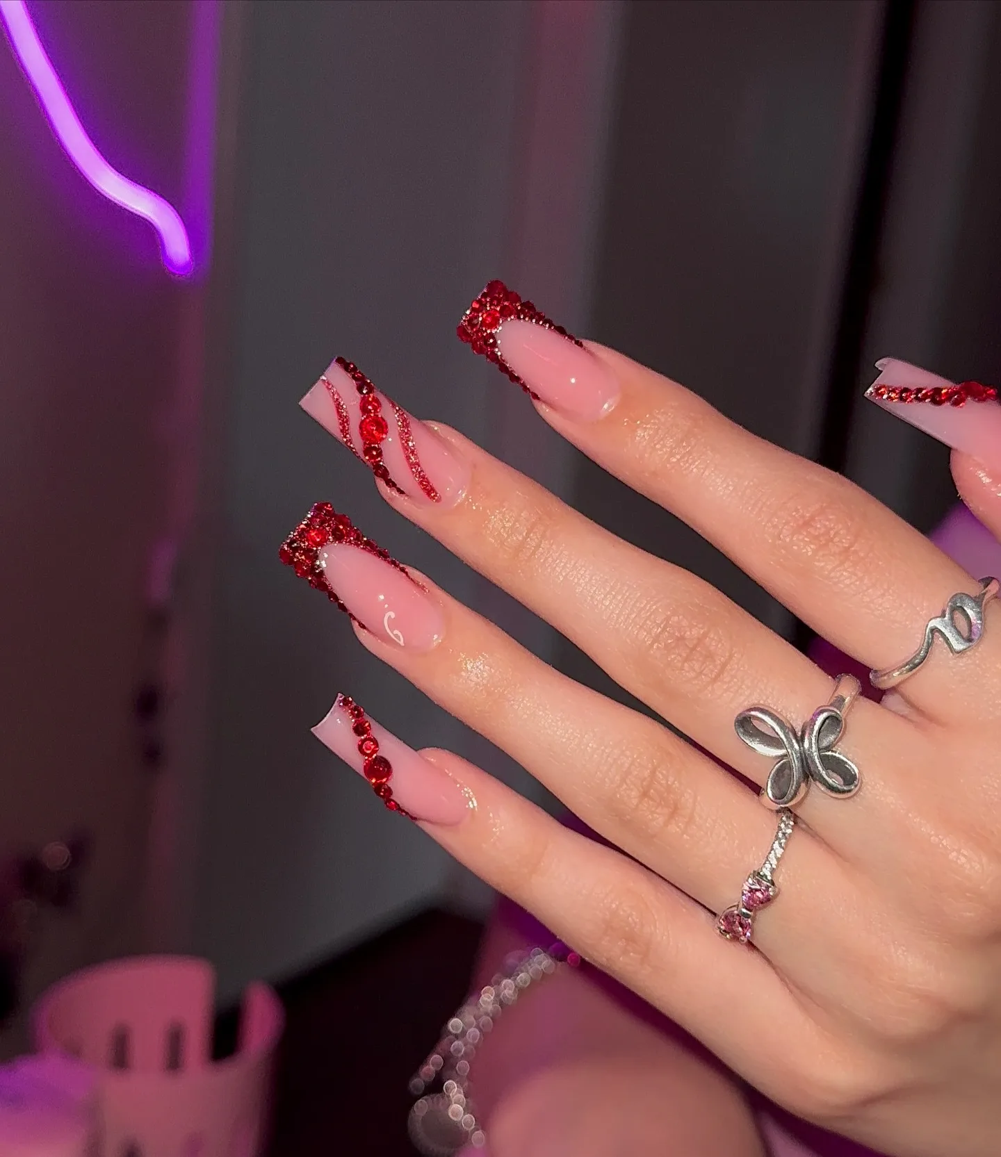 pink coffin red glitter nails