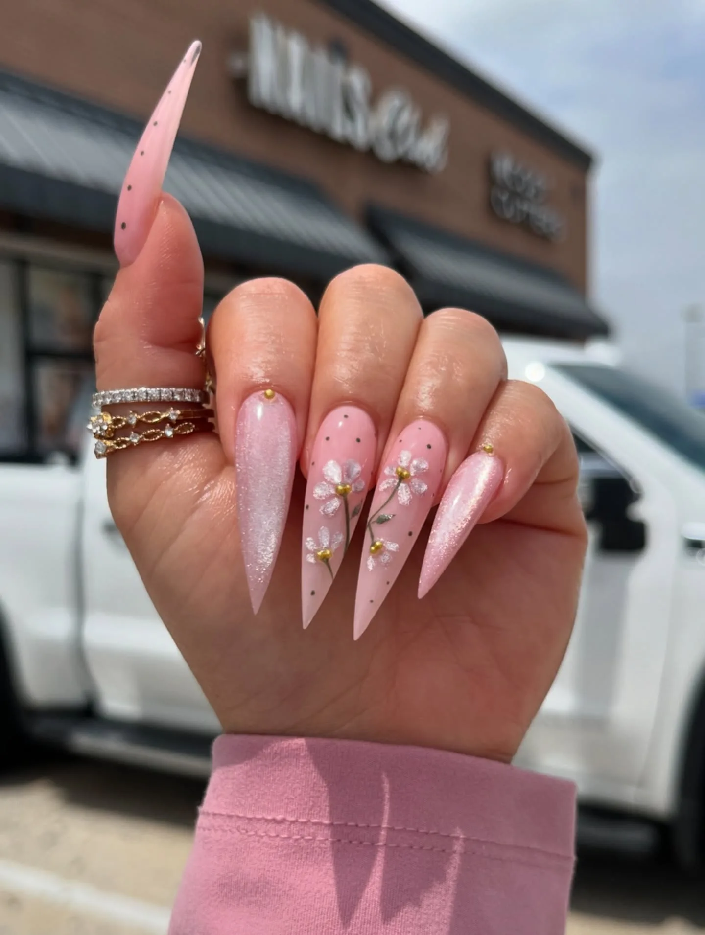 pink stiletto cherry blossom nails