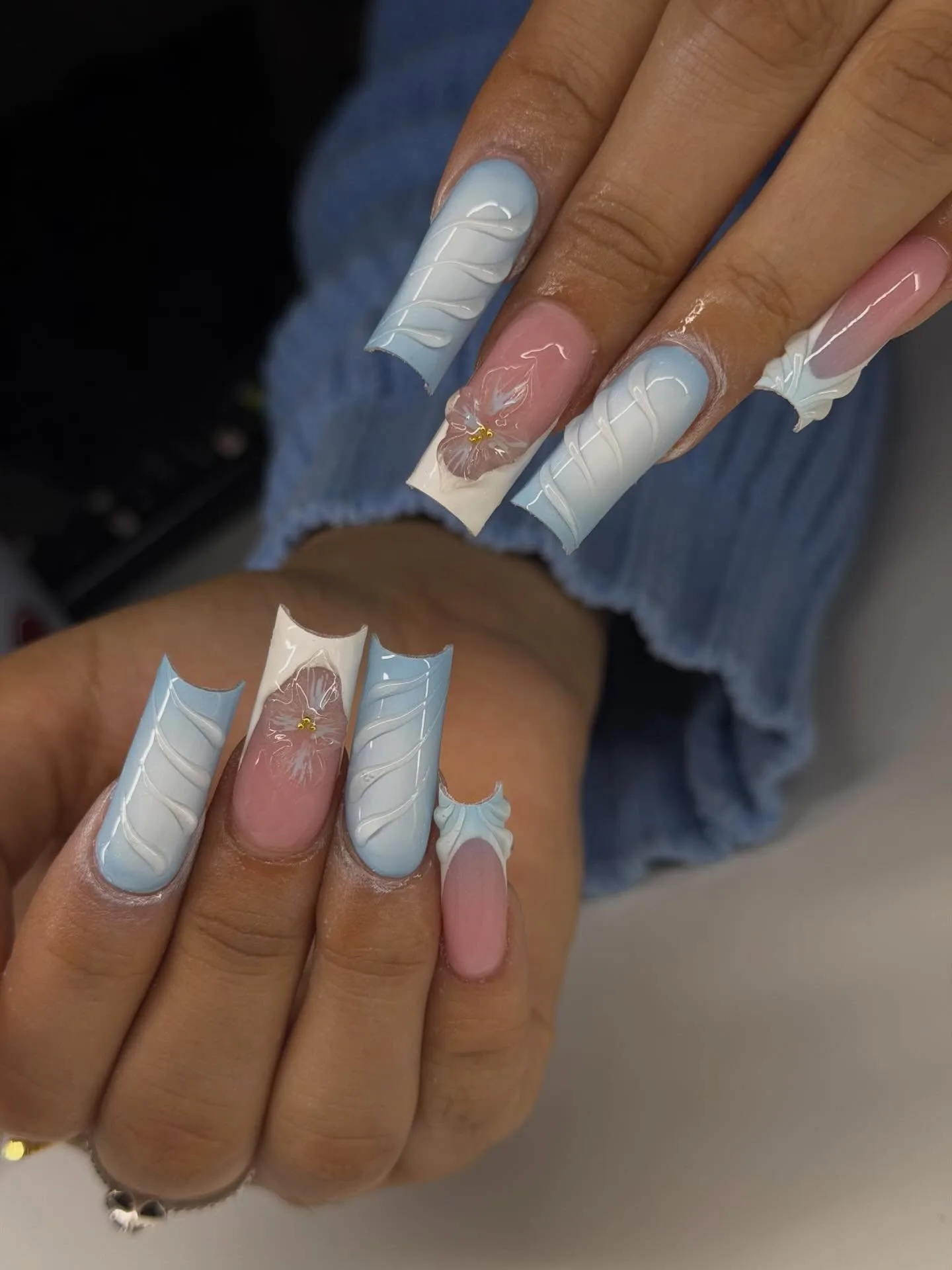 blue pink coffin floral nails