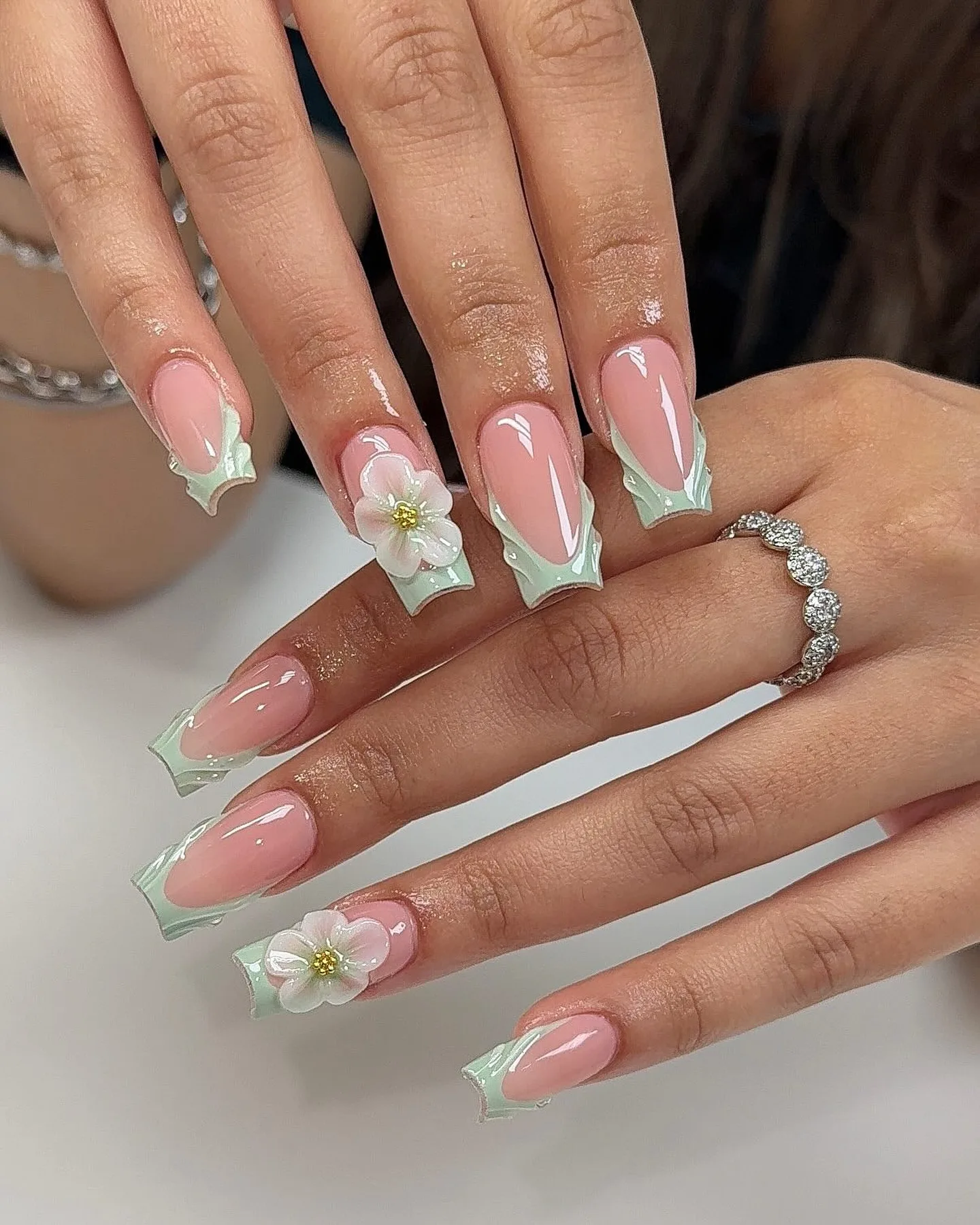 pink coffin mint french floral nails