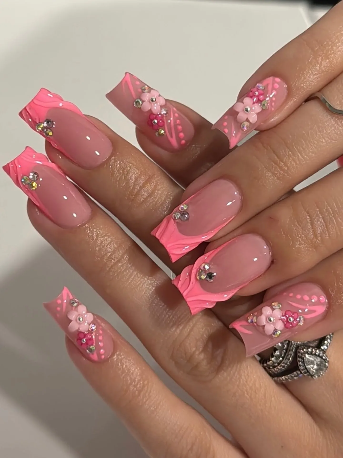 pink coffin chrome french floral nails