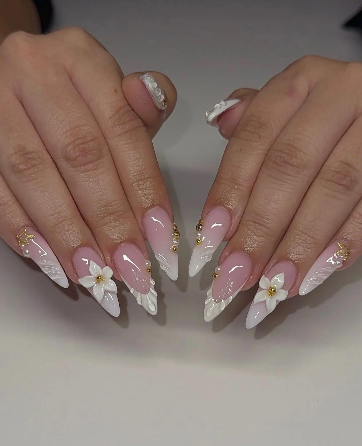 pink white almond floral nails