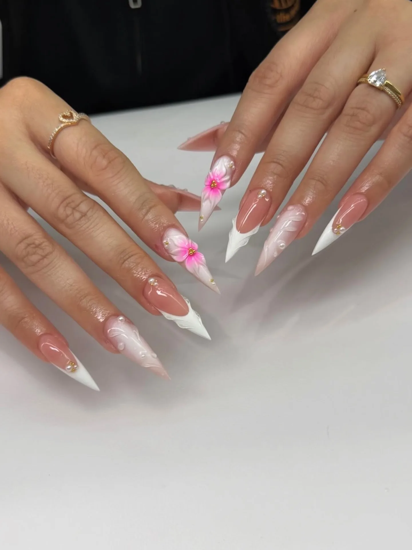 nude pink stiletto french floral nails