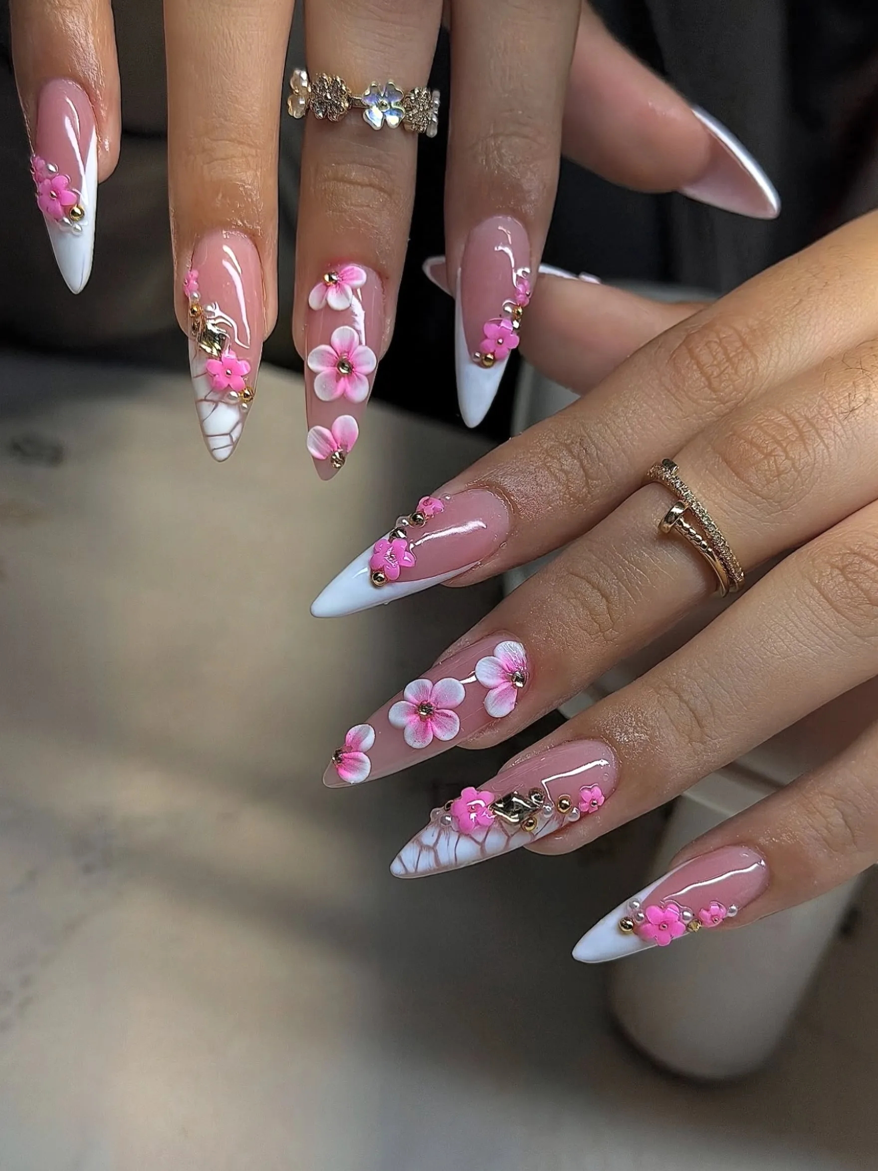pink white stiletto floral nails