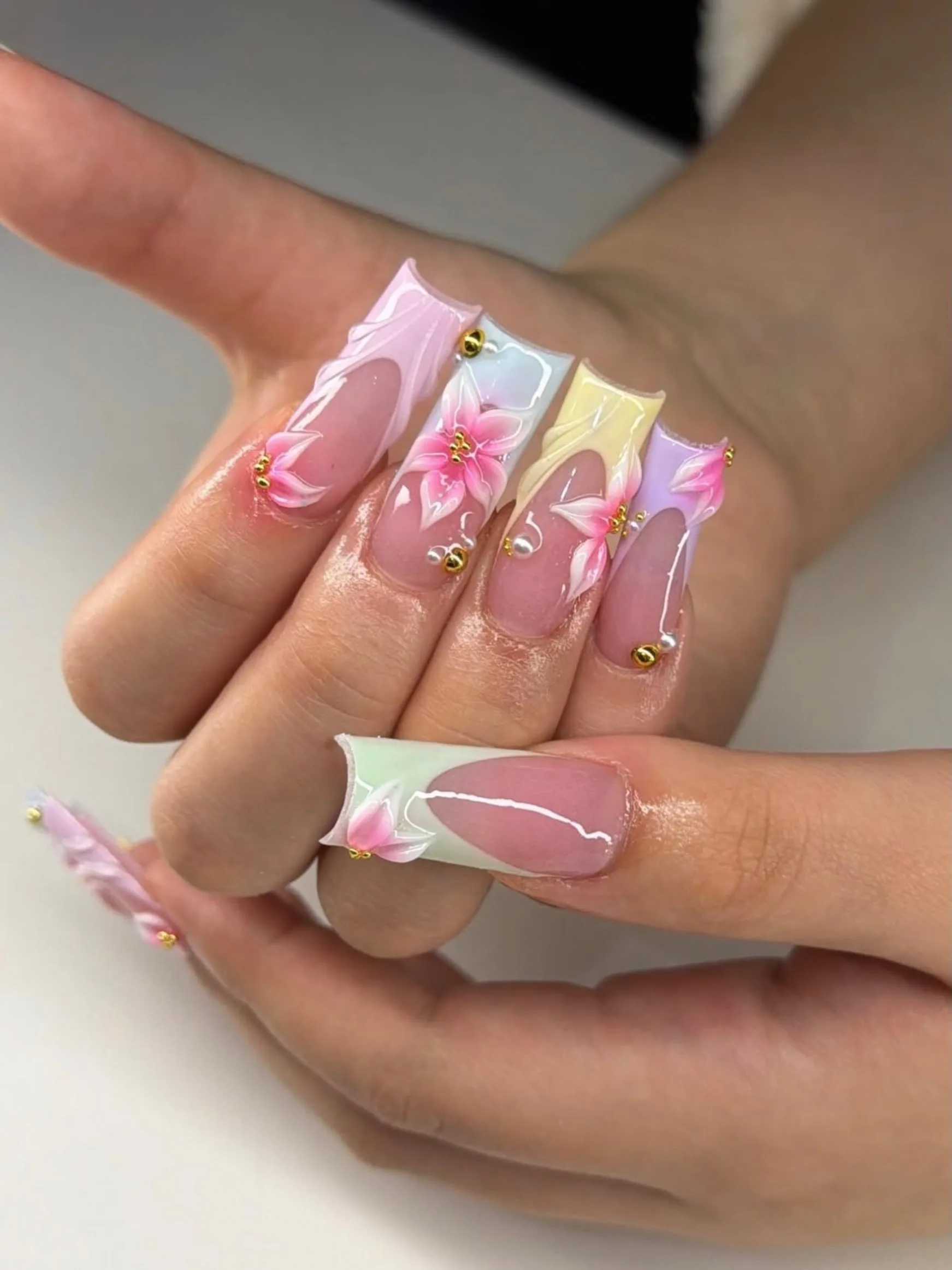 pink coffin jelly floral nails