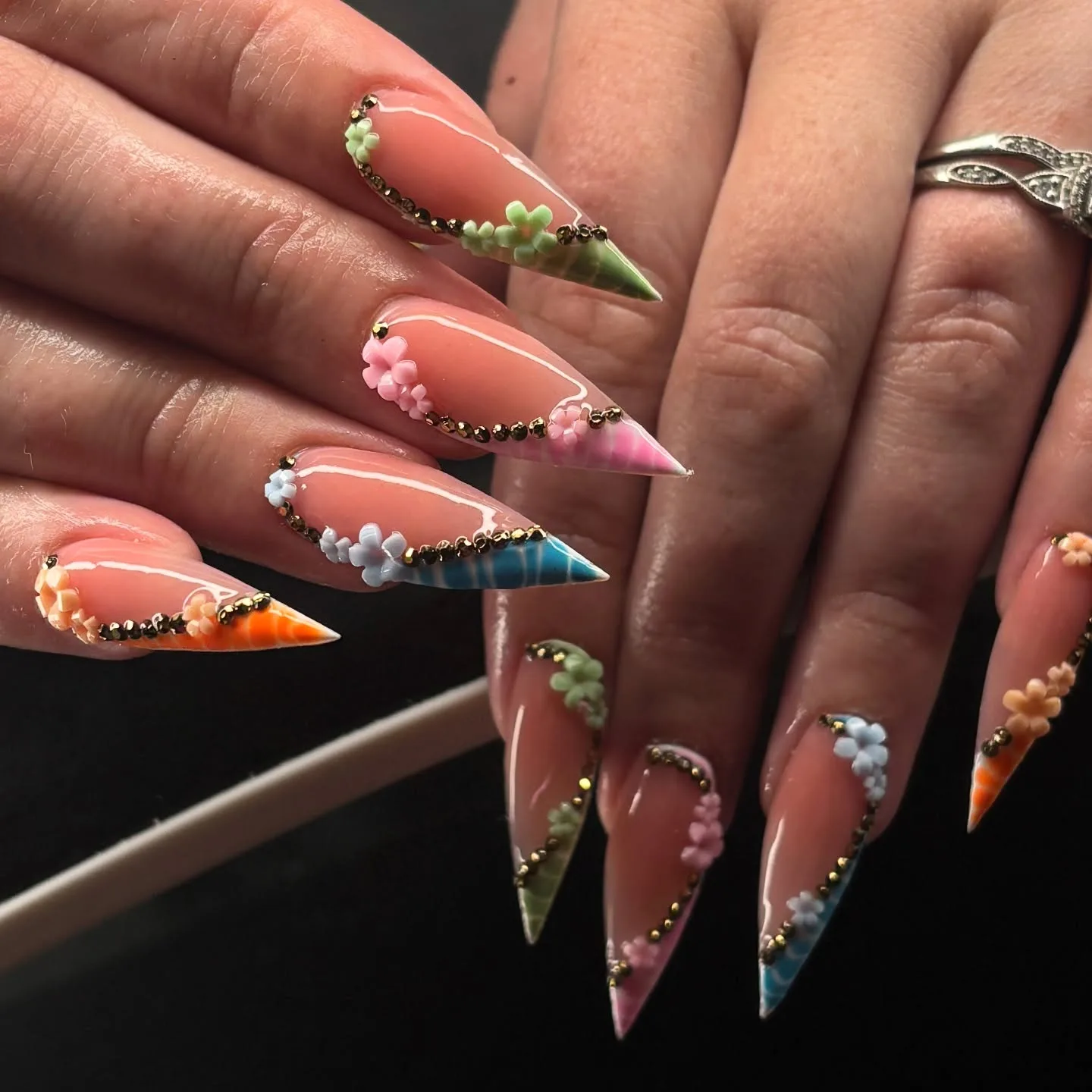 peach stiletto rainbow ombre nails