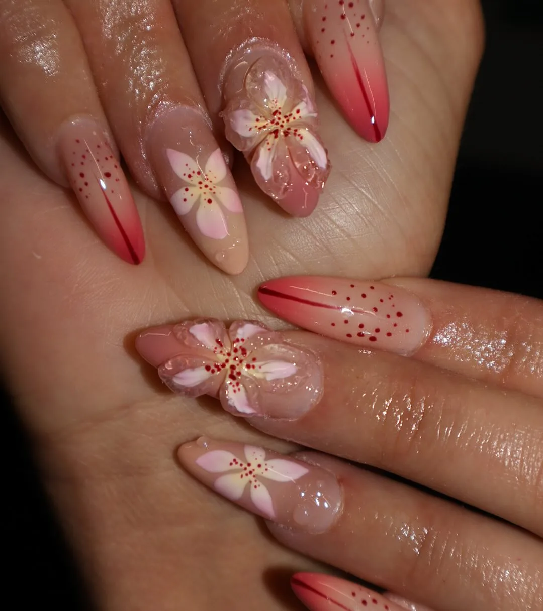 pink almond cherry blossom nails