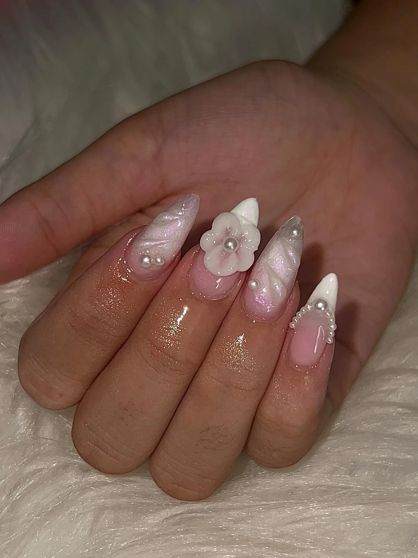 pink jelly stiletto 3d flower nails