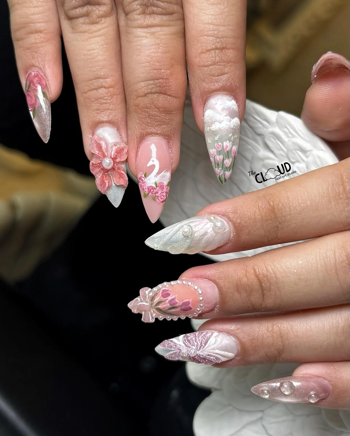 pink stiletto floral dimensional nails