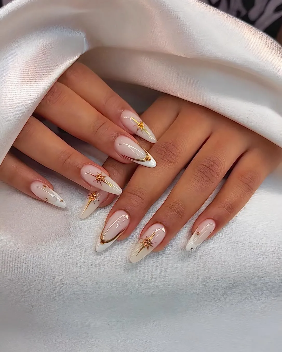 milky white almond gold wire nails
