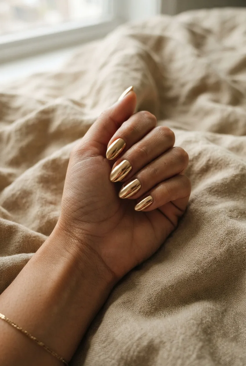 gold almond chrome back to school nails