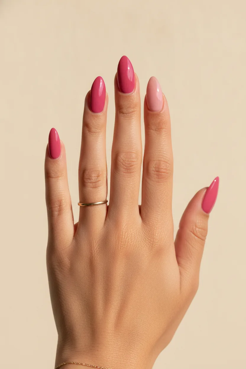 Cool mauve manicure on short almond nails for fair skin tones