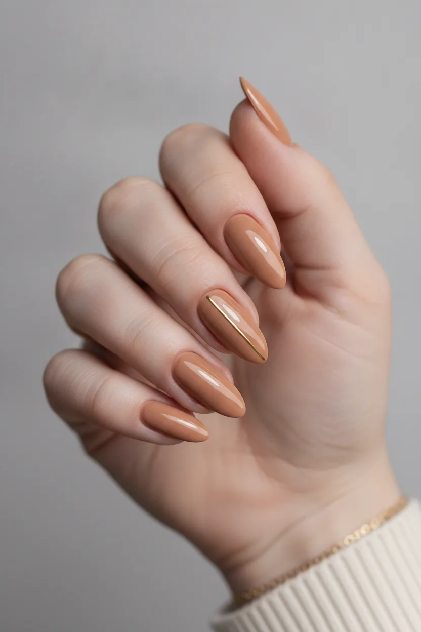 Long almond caramel nude nails showing how to choose nail color for skin tone