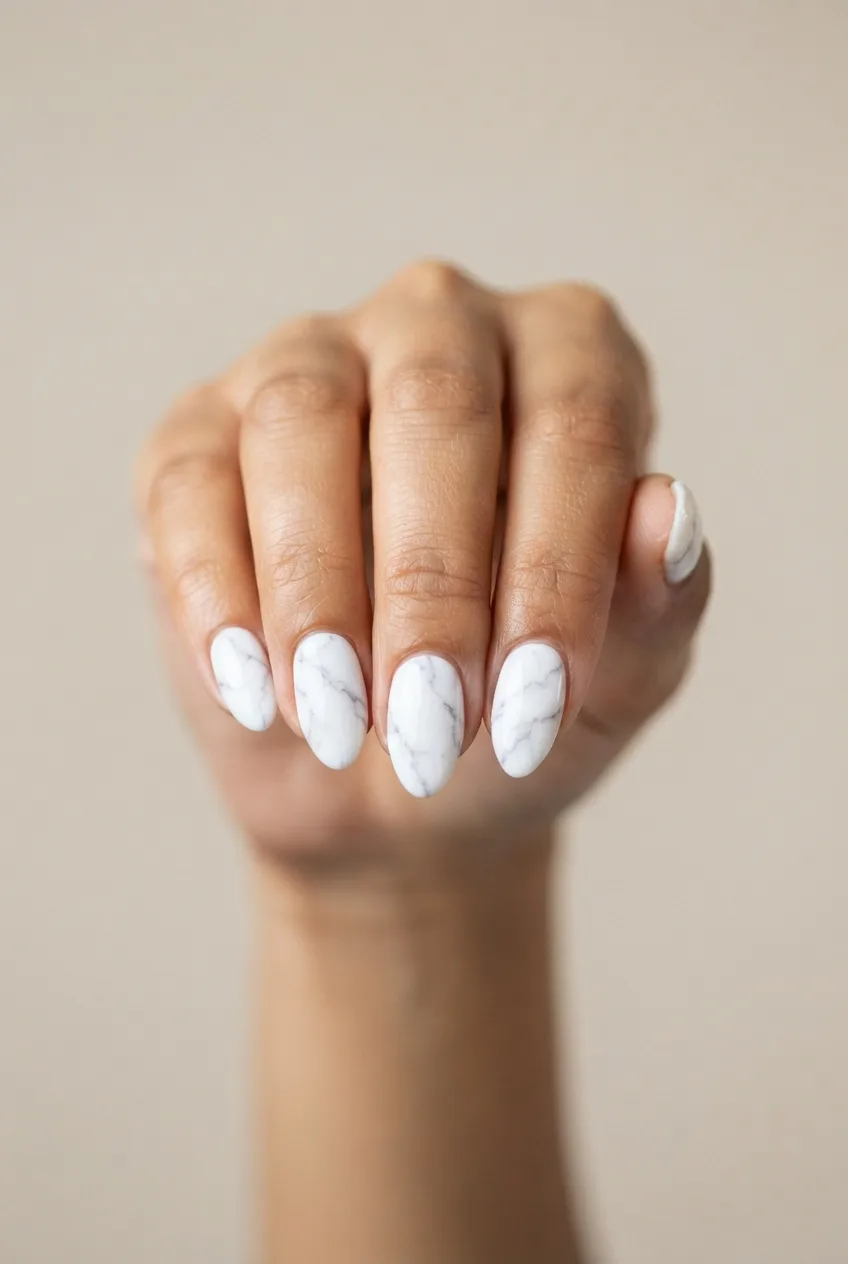 white almond glossy marble nails