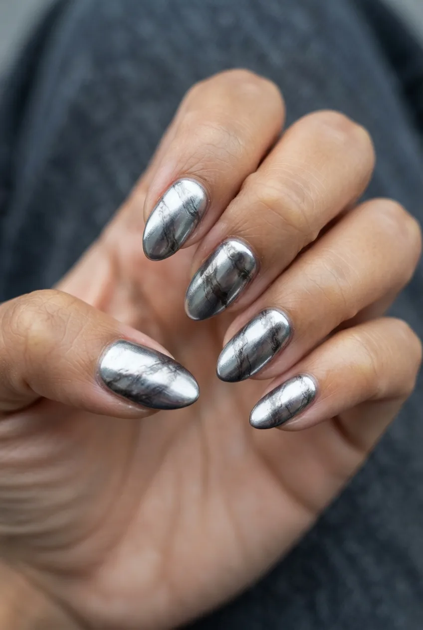 pewter almond chrome marble nails