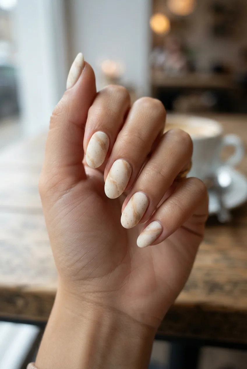 cream oval matte marble nails