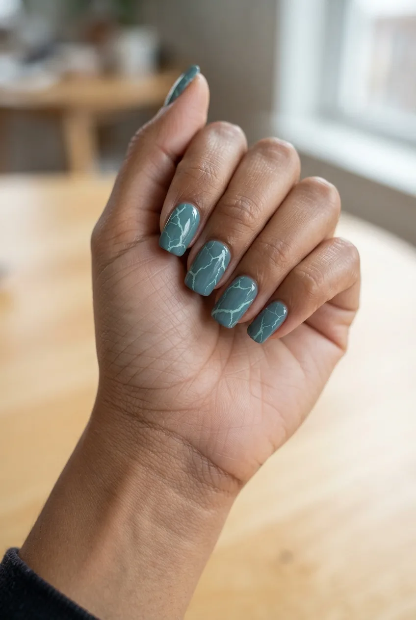 teal square glossy marble nails