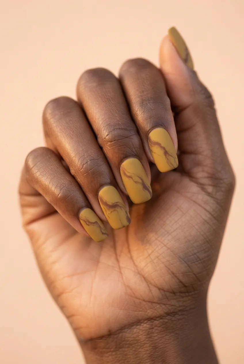 mustard squoval matte marble nails