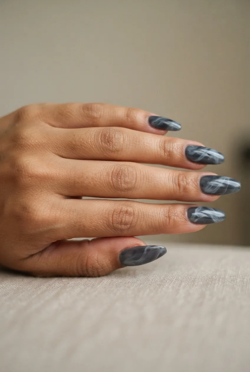 charcoal coffin glossy marble nails