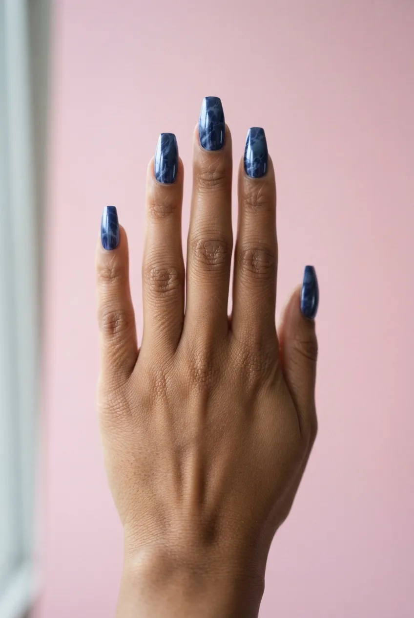 indigo coffin chrome marble nails