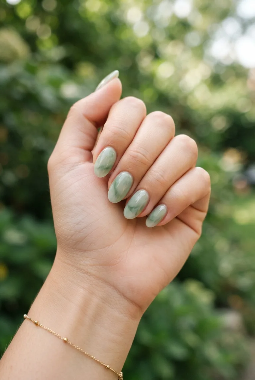sage oval jelly marble nails