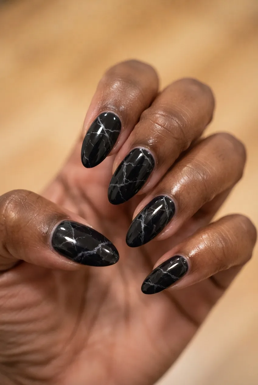 black almond glossy marble nails