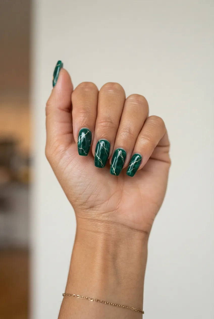 emerald coffin glossy marble nails
