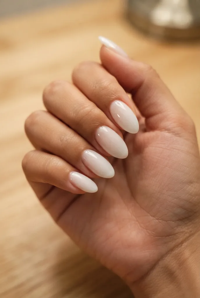 milky white almond glossy sheer nails