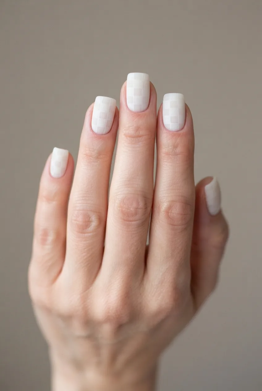 milky white square velvet checkerboard nails